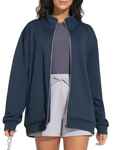 THE GYM PEOPLE Women's Oversized Zip Up Sweatshirts Fleece Mock Neck Jacket - color: Navy Blue, size: X-Large