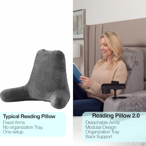Reading Pillow for Adults – 24in XL, Cup Holder, Phone Caddy & Tray Mount - color: Grey
