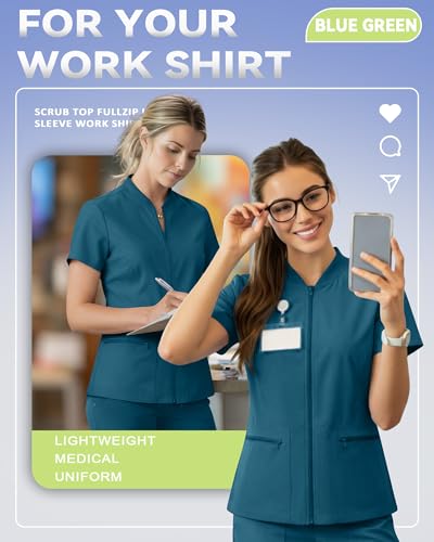 Oakgarden Womens Scrub Top Short Sleeve Nurse Shirts - color: Blue Green, size: Small