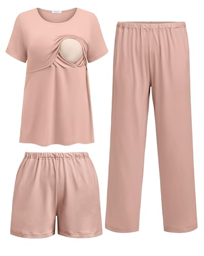 Ekouaer 3 Pack Postpartum Nursing Pajamas Breastfeeding Maternity Clothes - color: Pink, size: Medium