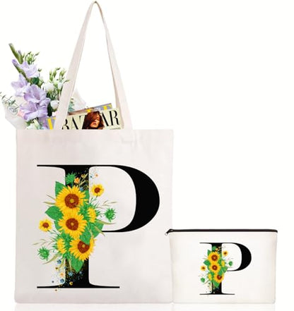 Andeiltech Initial Canvas Tote Bag Sunflower Letter Personalized Makeup Bag Monogrammed Gift for Bridesmaids Birthday Wedding - color: Sunflower Letter_p