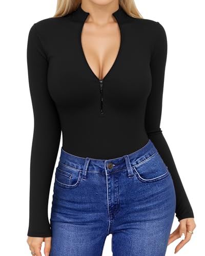 HERLOLLYCHIPS Womens Long Sleeve Top Short Sleeve V Neck Zip Up Sexy Shirts - color: B Long Sleeve Black, size: X-Small