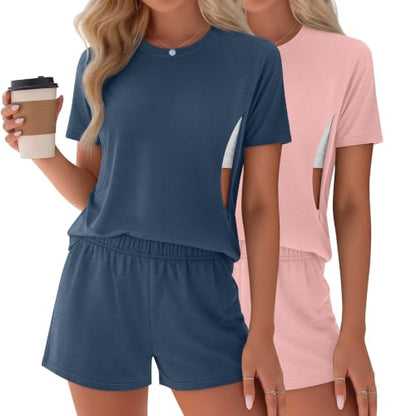 Riyiper 2 Packs Women's Nursing Pajamas Set - color: Haze Blue, Pink, size: X-Large