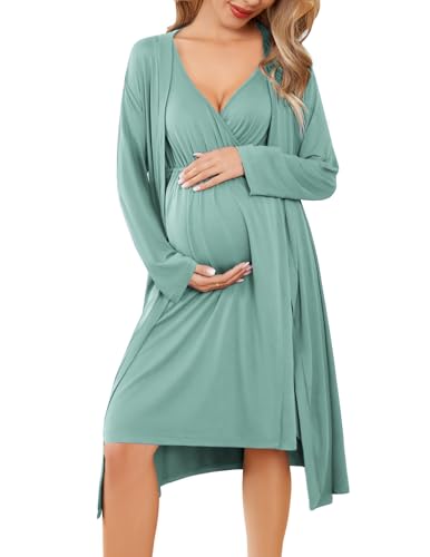 Ekouaer Maternity Nursing Gown and Robe Set Labor Delivery Nightgowns - color: Celadon Green, size: X-Large