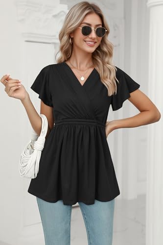 OUGES Women's Wrap Tie Back Short Sleeve Summer Maternity Nursing Tops 2026 - color: Black, size: Large