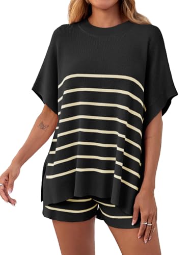 Fisoew Women's Striped 2 Piece Outfits Oversized Batwing Short Sleeve Tops High Waisted Shorts Summer Knit Lounge Short Sets - color: Black, size: XX-Large