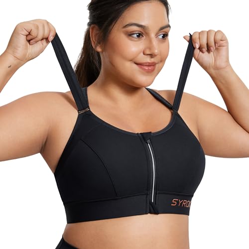 SYROKAN Zip Front Velcro Straps Sports Bra Plus Size - color: Black, size: 36F