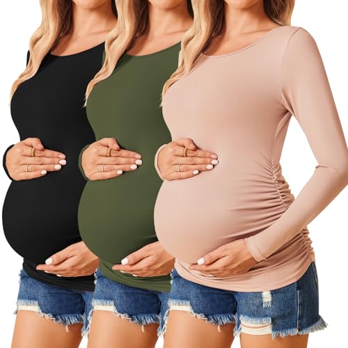 Ekouaer 3/4 Pack Womens Maternity Shirts Long Sleeve Pregnancy Tops - color: 3pcs Black / Army Green / Dirty Pink, size: Large