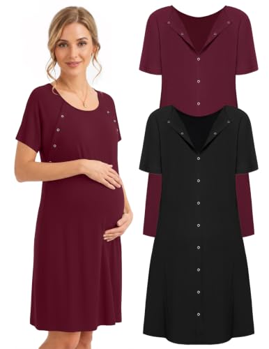 2 Pack Labor and Delivery Gown 3 in 1 Maternity Nursing Hospital Nightgown - color: 2 Pcs - Black + Dark Red, size: Medium