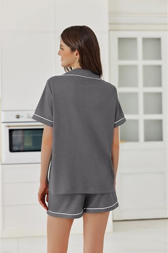Ekouaer Womens Waffle Knit Pajama Sets Soft Short Sleeve Button Up Pjs - color: Dark Gray, size: Medium