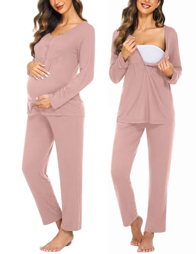 Ekouaer Maternity Nursing Pajama Set Long Sleeve Postpartum Pjs Mom Clothes - color: Mauve, size: Medium