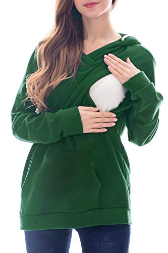 Smallshow Women's Fleece Maternity Nursing Sweatshirt Hoodie Kangaroo Pocket - color: Grass Green, size: Medium