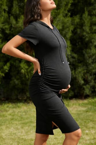 Women's Maternity Hoodie Dress Short Sleeve Split Side Ruched Pregnancy Clothes - color: Deep Grey, size: Small