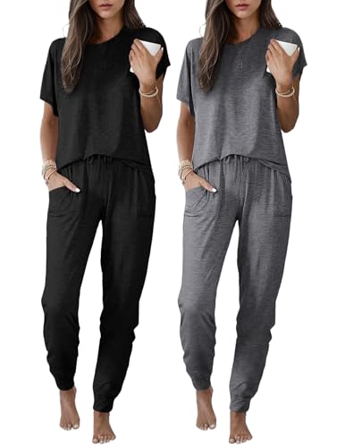 Ekouaer 2 Pack Womens Pajama Short Sleeve Jogger Pants Pjs Lounge Set - color: Black and Dark Grey, size: Small