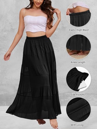 Women's Maxi Skirt with Pockets Casual A Line Pleated Skirt - color: Black, size: X-Large