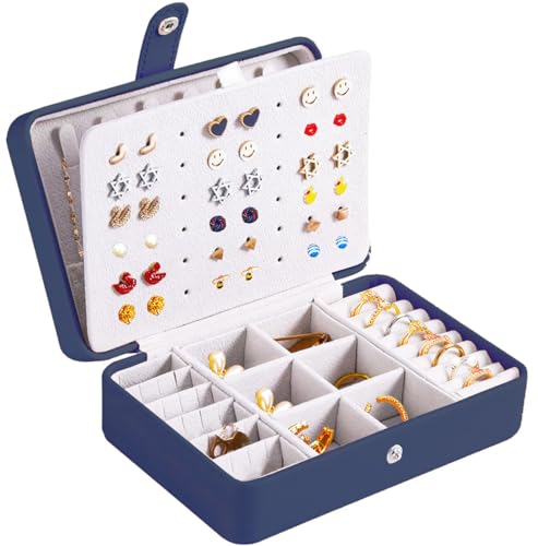 QBestry All-in-One Travel Jewelry Organizer for Women Navy | Small Jewelry Box with 68 Earring Holes | Compact Portable Jewelry Case for Earrings, Rings, Necklaces | Perfect Gifts for Mom Wife Girls - color: Navy, size: Small