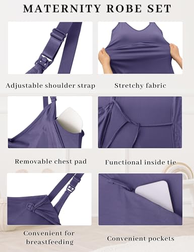 SUNNYBUY Nursing Nightgown & Maternity Robe Set for Postpartum Sleepwear - color: Purple Blue, size: Medium