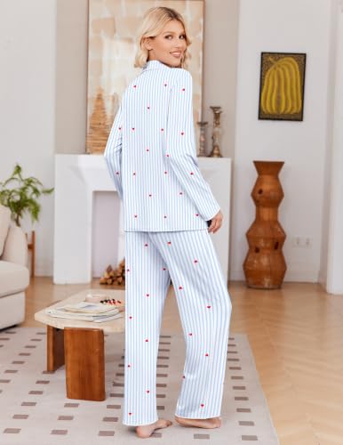 Ekouaer Pajamas for Women Set Long Sleeve Lounge Set Soft Button Down Pjs - color: Blue Stripe, size: Medium