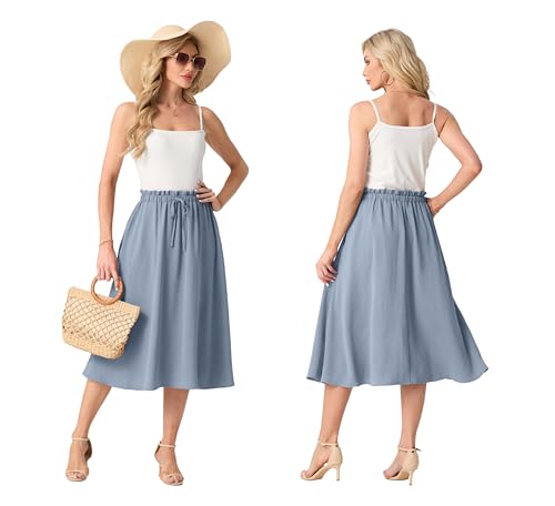 FREEOAK High Waist Skirts for Women Below Knee Casual Flowy Summer Midi Skirts Palazzo A-Line Long Skirt with Pockets - color: A - Haze Blue, size: Small
