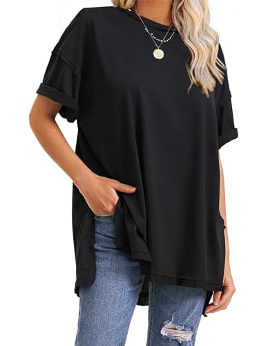 EXLURA Womens Summer Oversized T Shirts 2026 Casual Short Sleeve Loose Maternity Tops Crewneck Tunic Plus Gym Workout Top - color: Black, size: Small