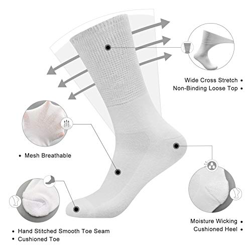 Busy Socks 4 Pack Crew Thin Non Binding Top Diabetic Socks for Men Women - color: 4 Pairs White, size: Large