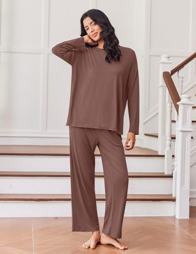 Ekouaer Lounge Sets for Women Long Sleeve Pajamas Fall Loungewear - color: Brown, size: Large