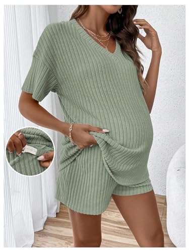 SweatyRocks Maternity 2 Piece Outfits T Shirts and Elastic Waist Shorts Set - color: Green, size: Medium