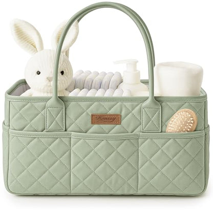 Konssy Baby Diaper Caddy Organizer, Solid Design with PU Leather Handles - color: Fog Green