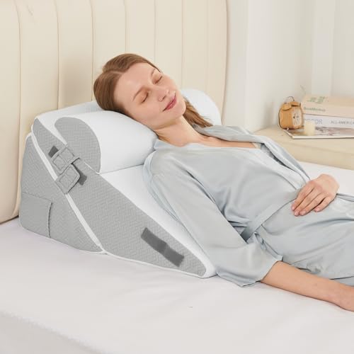 Sasttie Adjustable Wedge Pillow Set for After Surgery, Light Grey & White - color: Light Grey & White, size: Adjustable 9&12 Inch + 1 Head Pillow