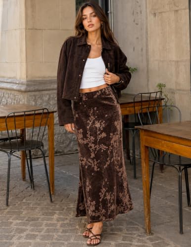 MEROKEETY Women's Fall Floral Velvet Maxi Skirt - color: Coffee, size: X-Large