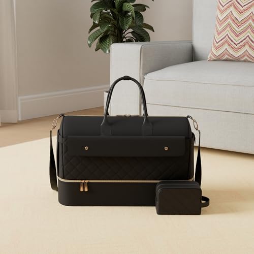 Wedama Weekender Bags for Women, Large Travel Duffel Bag with Shoe Compartment, Carry on Overnight Bag with Toiletry Makeup Bag, Gym Duffel Bag Travel Tote Bag for Travel Gym Camping Hospital, Black - color: Black, size: Large