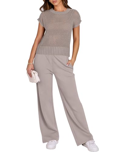 ANRABESS Women Two Piece Outfits Crochet Lounge Matching Travel Sets - color: Light Khaki, size: Large