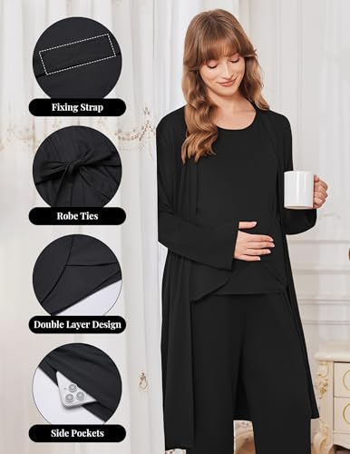 Ekouaer Maternity Pajamas Nursing Robe Set 3 Pieces Post Partum Lounge Sets - color: Black, size: Medium