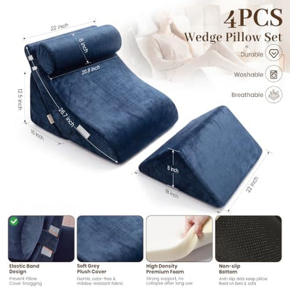 4PCS Wedge Pillow Set, Incline Pillow for GERD & Heartburn Relief - color: Full Navy