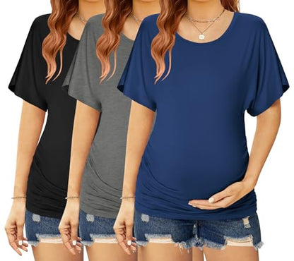 Ekouaer Maternity Shirts 3 Packs Dolman Sleeve Side Ruched Tops Clothes - color: Black/Navy Blue/Dark Gray, size: Small