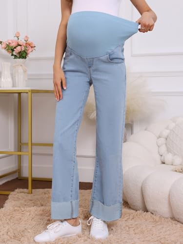 Women Maternity Jeans Straight Leg Cuffed Denim Work Pants - color: Light Blue, size: X-Large
