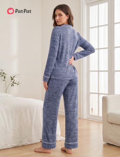 PATPAT Pajama Sets for Women 2 Piece Button-Down Sleepwear Soft Lounge Set - color: Blue, size: Medium