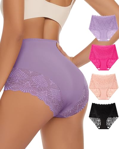 Women's High Waisted Underwear Lace Panties Full Coverage 4 Pack - color: Multicolor, size: Large