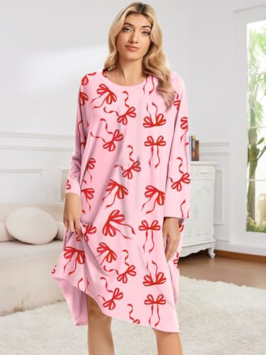 CRIPOM Plus Size Moo Moos for Women Oversized Sleep Shirts with Pockets - color: Pink Bowknot