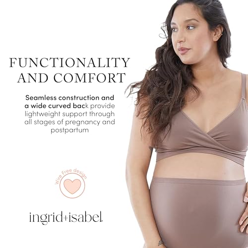 Ingrid & Isabel Cooling Crossover Nursing Bra - Wireless Seamless Postpartum and Maternity Bra for Breastfeeding - color: Deep Taupe, size: Medium