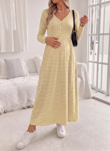 BLENCOT Maternity Dress V Neck Long Sleeve Striped Button Down Maxi Dresses - color: Yellow, size: Medium