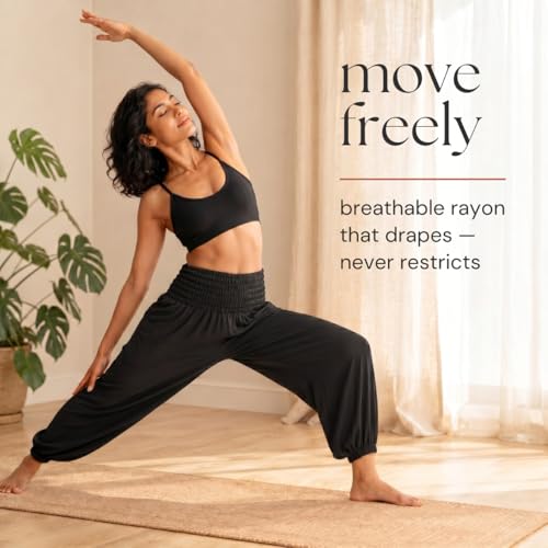 Boho Pants 2-Pocket Flowy Harem Pants Women for Yoga Travel Hippie Clothes - color: Solid Black, size: Small-Medium - Tall