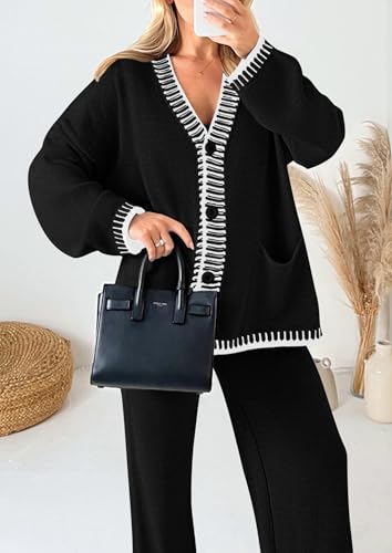 PRETTYGARDEN Women's Fall 2 Piece Knit Sweater Lounge Set - color: Black, size: Large