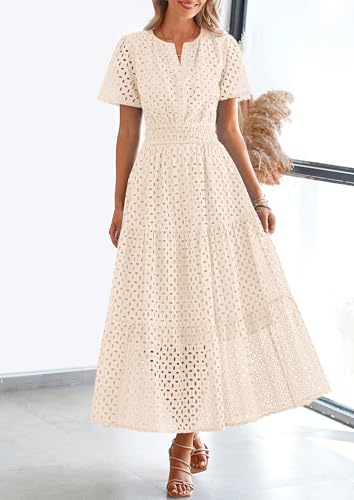 PRETTYGARDEN Women's Summer Hollow Out Eyelet Maxi Dress - color: Beige, size: Large