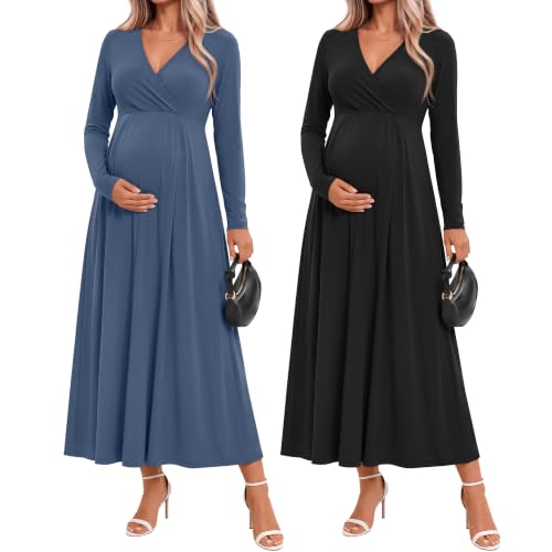 Neer 2 Pcs Maternity Maxi Dresses Long Sleeve Fall Nursing Dress - color: Haze Blue, Black, size: X-Large