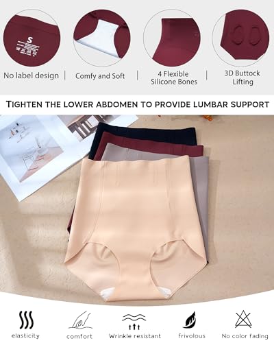 LEVAO Women's Tummy Control Underwear High Waisted Seamless Panties 4 Pack - color: Black,nude,reddish Brown,khaki, size: Small