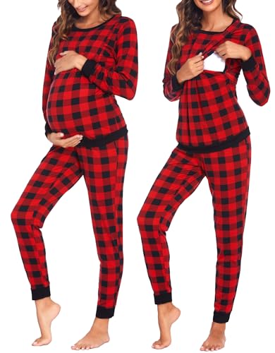 Ekouaer Nursing Pajamas Set Long Sleeve Maternity Clothes Thermal Underwear - color: Black Red Plaid, size: XX-Large