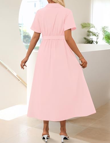 ZESICA Women's Summer Button Down Short Sleeve Midi Dress - color: Pink, size: Medium