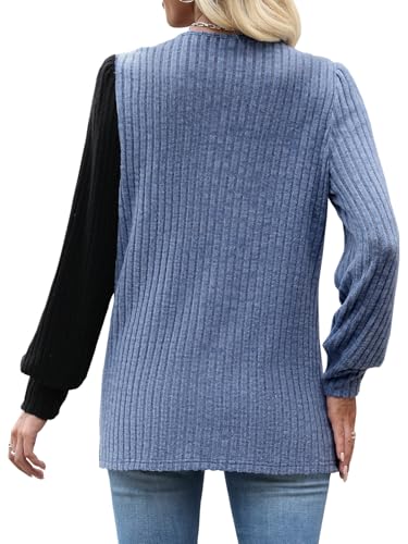 MixShe Womens Knit Sweaters 2026 Fall Winter Casual Long Sleeve Ribbed Colorblock Button Pullover Tops - color: Dusty Blue, size: Medium