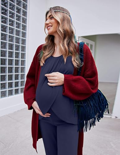 Ekouaer Maternity Nursing Pajama Set Long Sleeve Breastfeeding Sleepwear - color: Navy Blue, size: X-Large